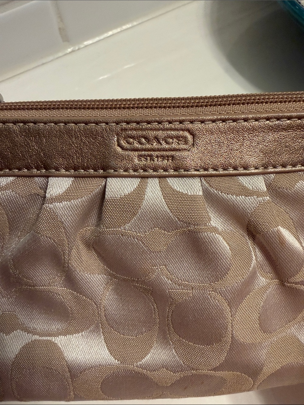 Coach Beige Signature Small Wristlet with Metallic Trim - Picture 3 of 5
